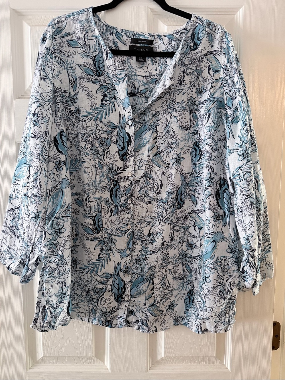 Tahari White and Light Blue Floral-Paisley Button Top
